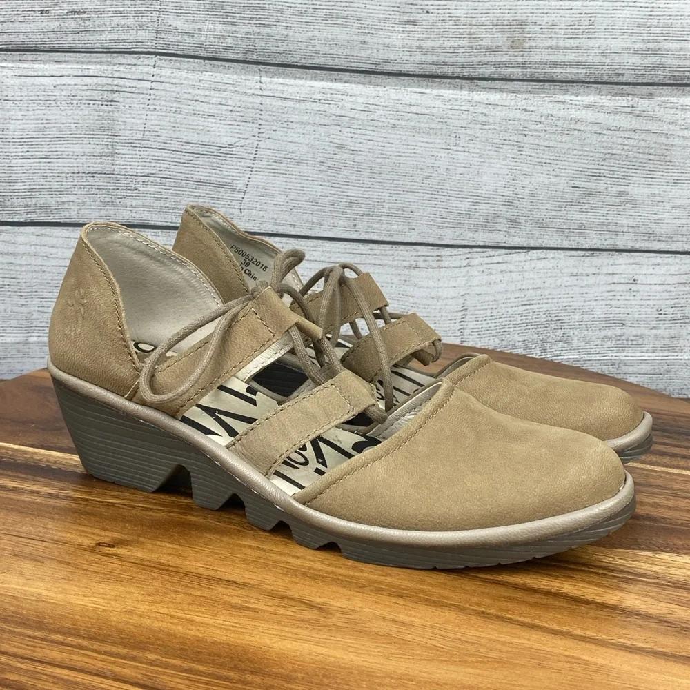 Fly London Poma Tan Nubuck Leather Lace Up Wedges Women’s Shoe Size 8.5 EU 39